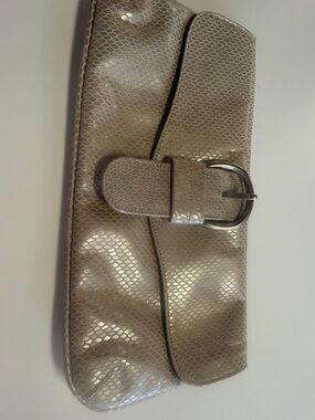 Taupe Snake-Embossed Buckle Clutch